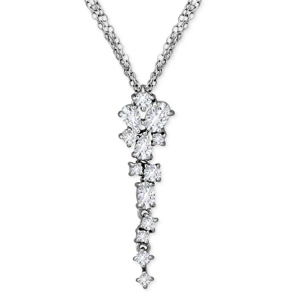 Cubic Zirconia Cluster Triple Strand 18" Lariat Necklace in Sterling Silver